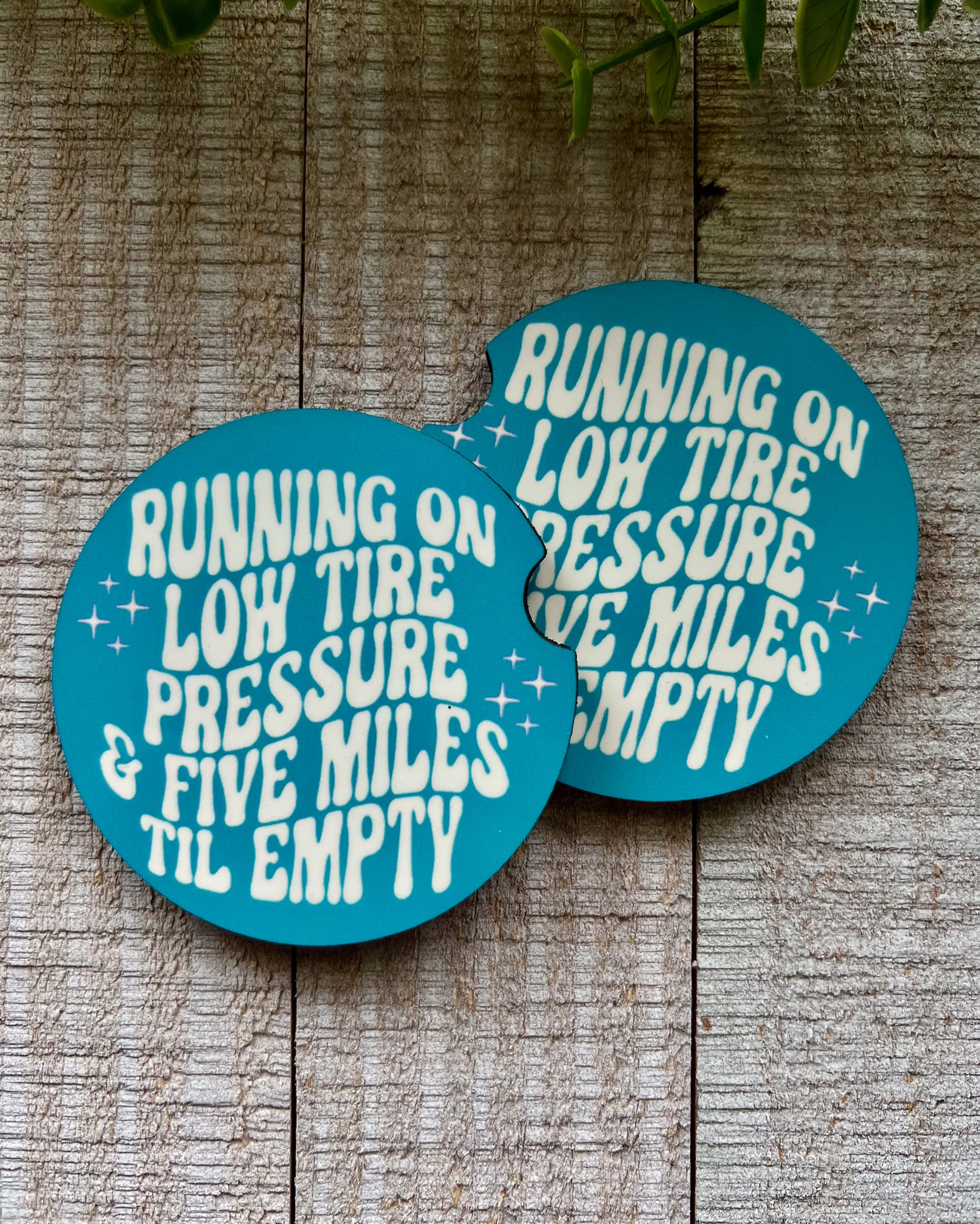 running on low tire pressure & five miles til empty | car coaster set