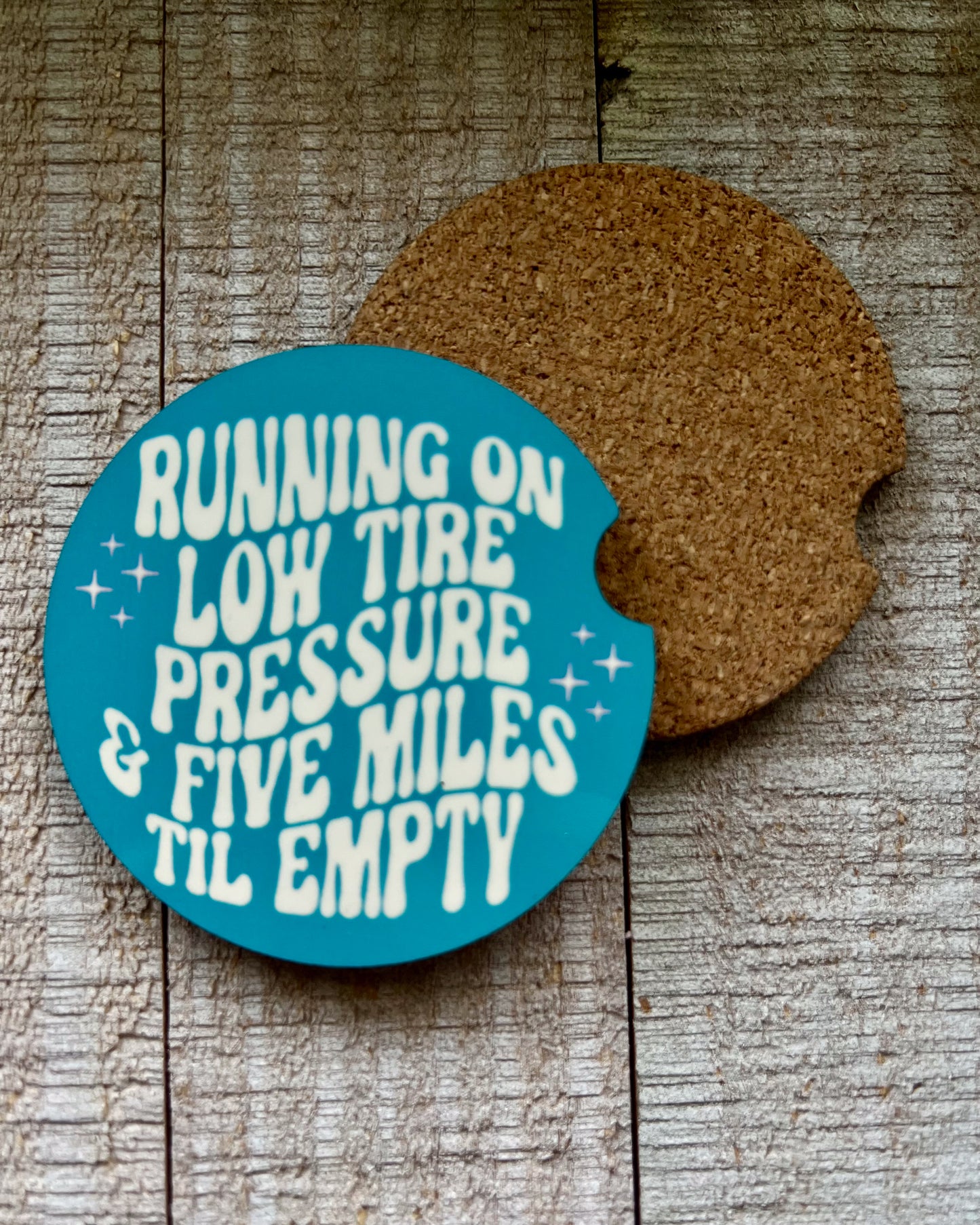 running on low tire pressure & five miles til empty | car coaster set