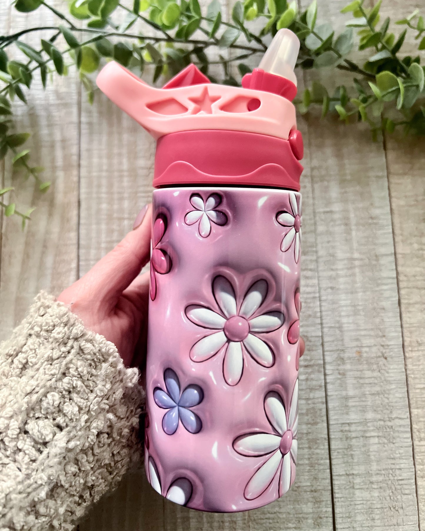 daisy inflated | 12oz kids pink flip top water bottle