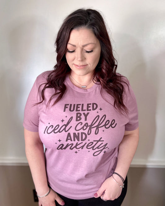 fueled by iced coffee and anxiety | t-shirt