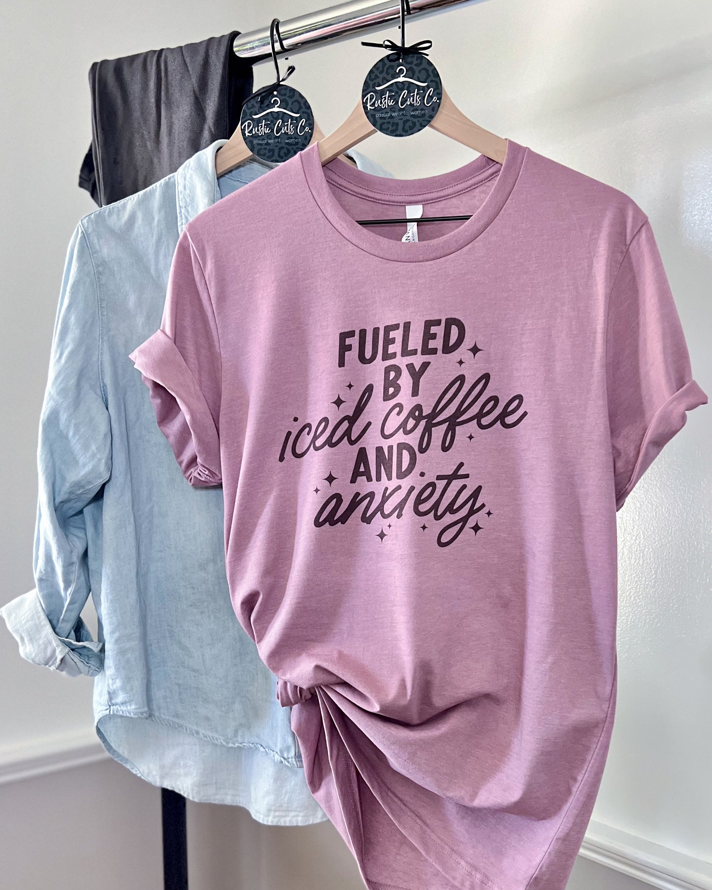 fueled by iced coffee and anxiety | t-shirt