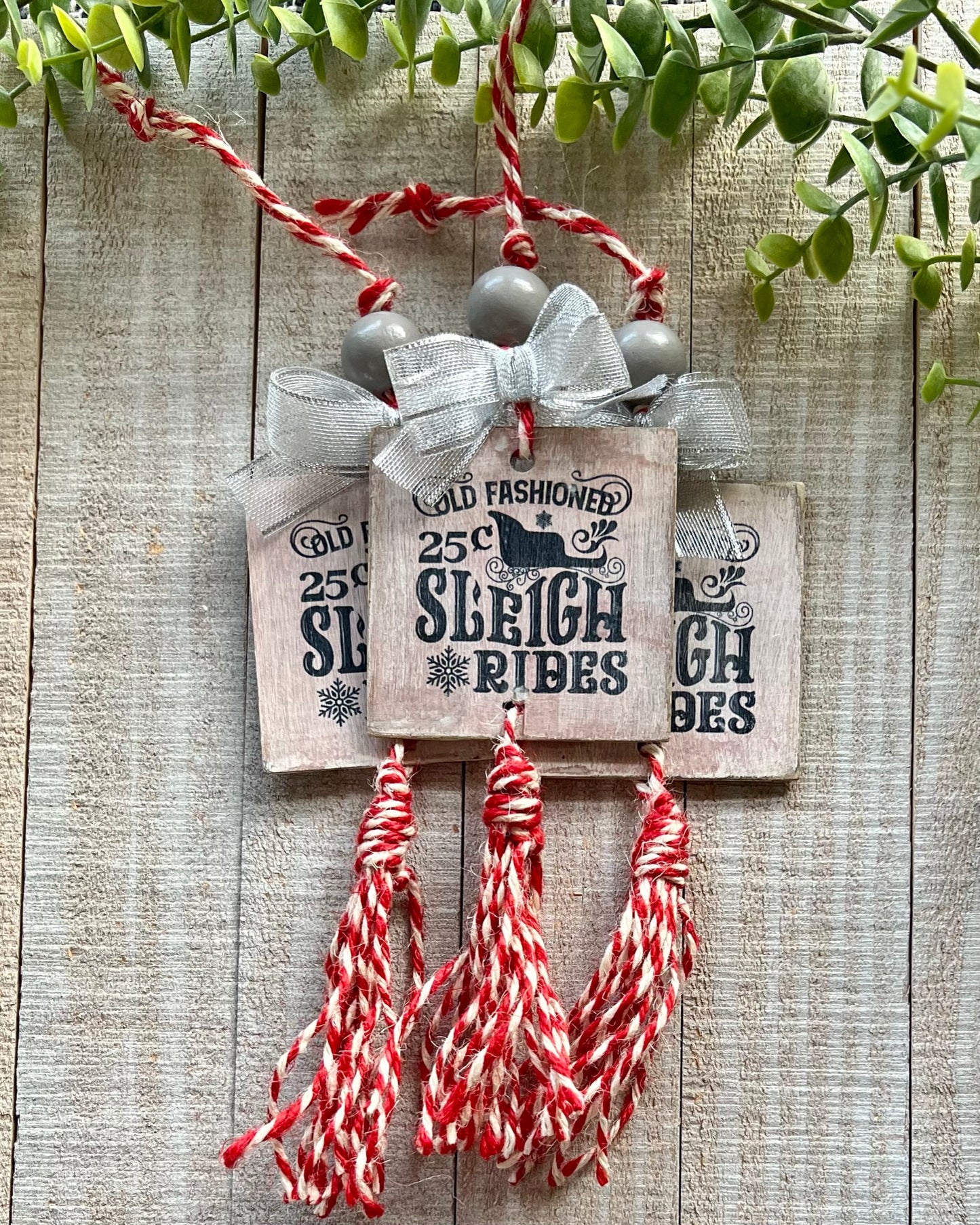 old fashioned sleigh rides | square tasseled christmas ornament