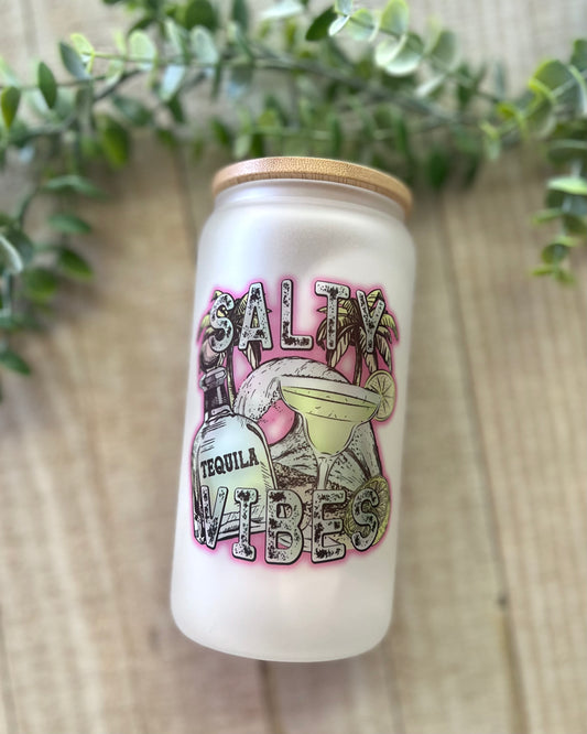 Salty Vibes - 16oz Frosted Glass Can with Bamboo Lid - 16oz Glass Can with Lid -  Rustic Cuts