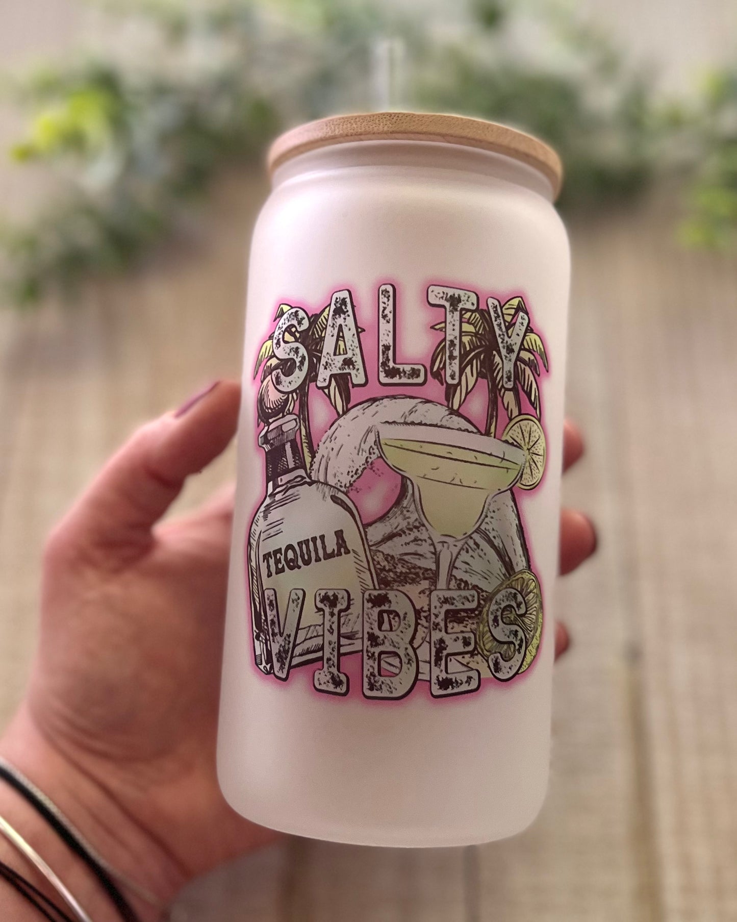 Salty Vibes - 16oz Frosted Glass Can with Bamboo Lid - 16oz Glass Can with Lid -  Rustic Cuts