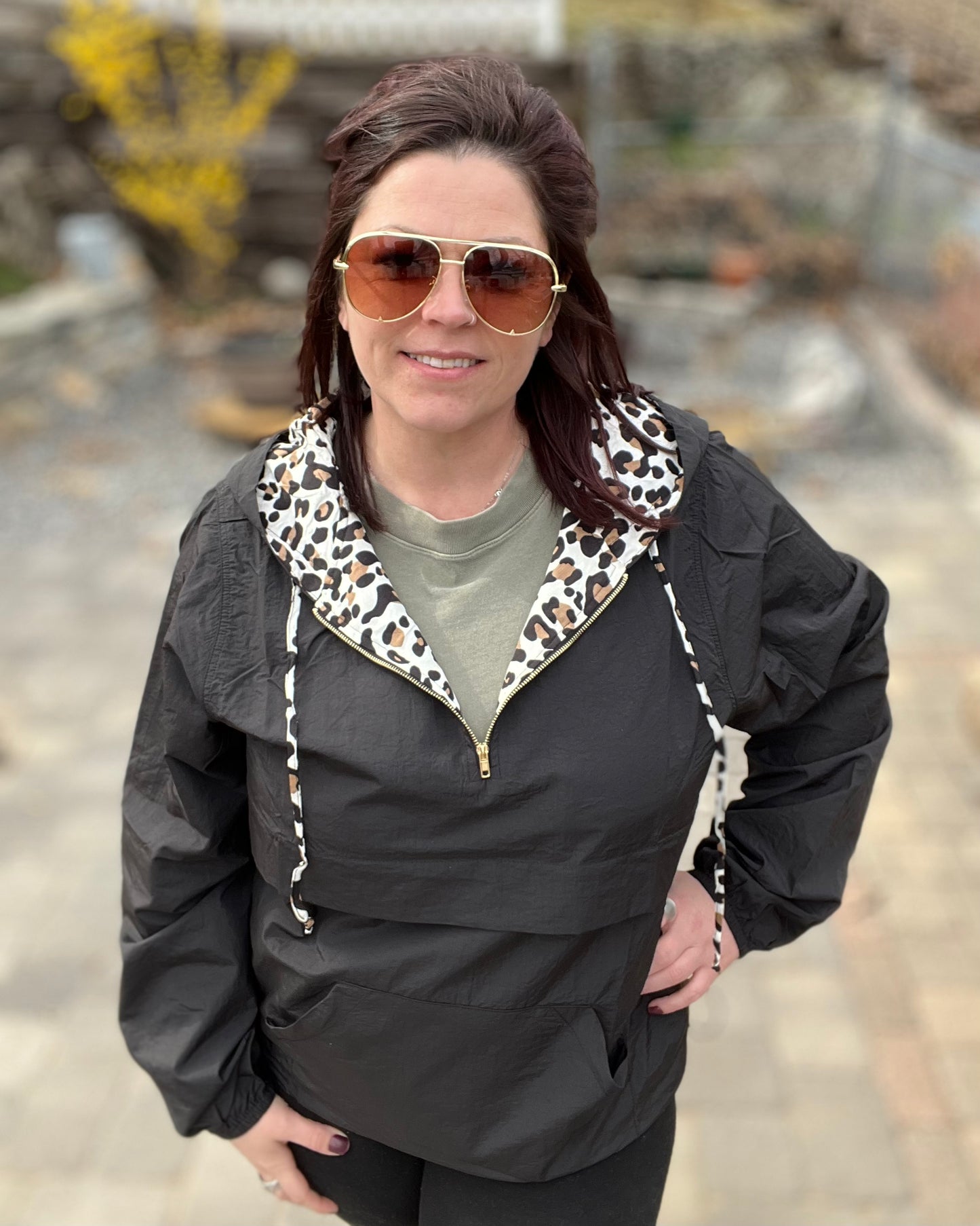 1/4 Zip Black Windbreaker - Leopard Print Accent - Women's Jacket - Rustic Cuts