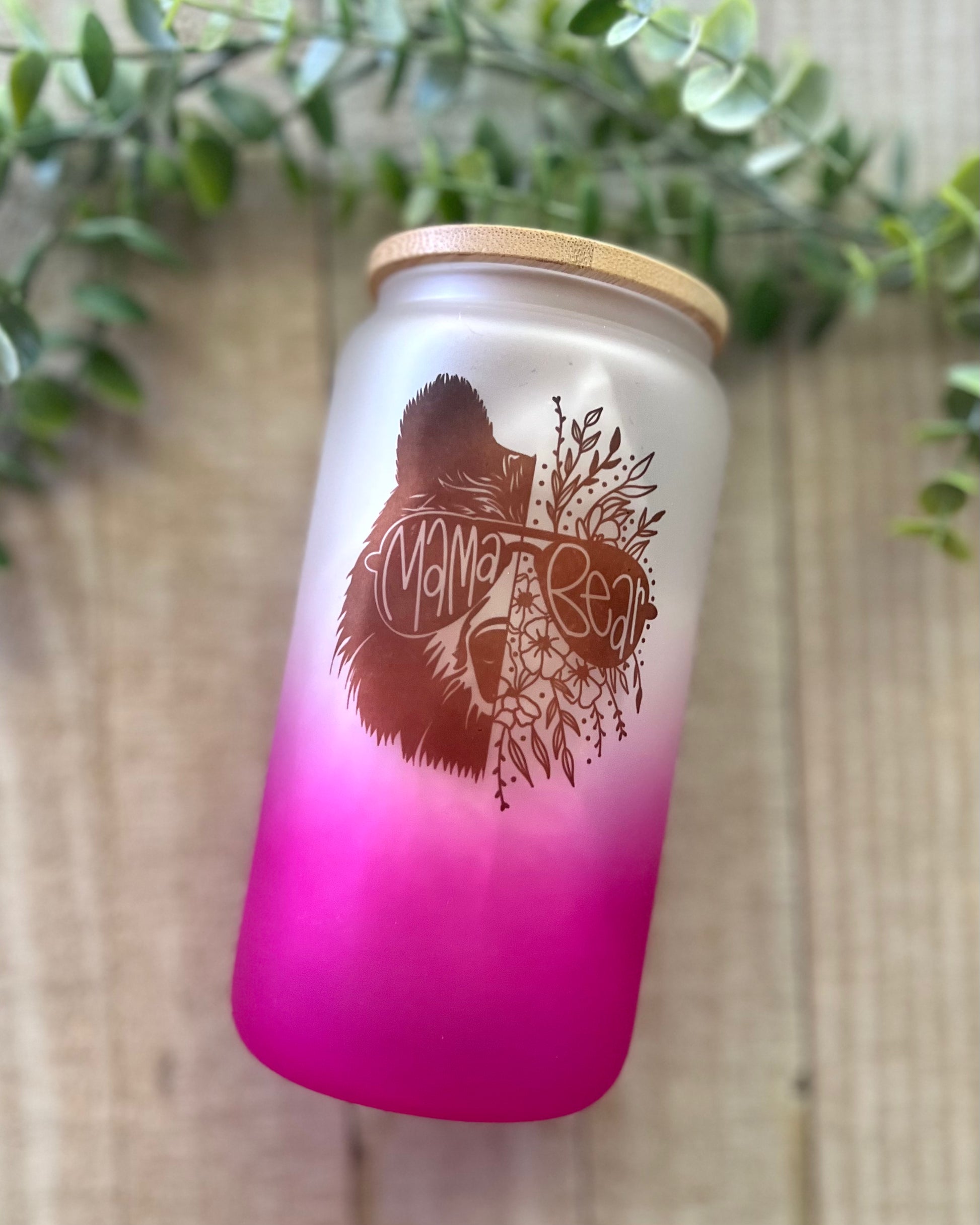 Mama Bear Floral - 16oz Frosted Glass Can with Bamboo Lid - 16oz Glass Can with Lid -  Rustic Cuts