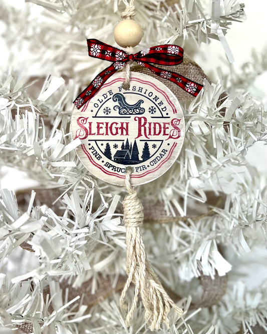 old fashioned sleigh rides | round tasseled christmas ornament
