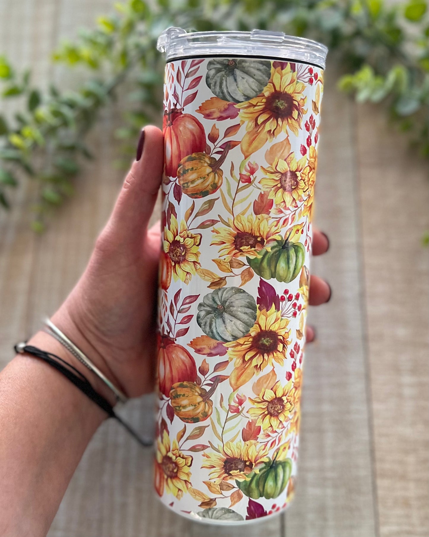 Fall Sunflower Pumpkin Patch - 20oz Slim Tumbler - Stainless Steel Tumbler - Rustic Cuts