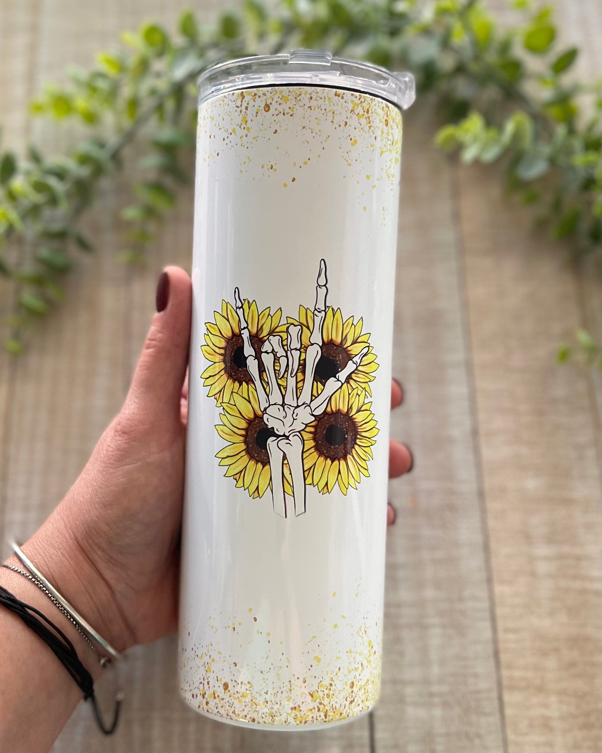 Sunflower Skellie - 20 Oz Slim Tumbler - Stainless Steel Tumbler -  Rustic Cuts