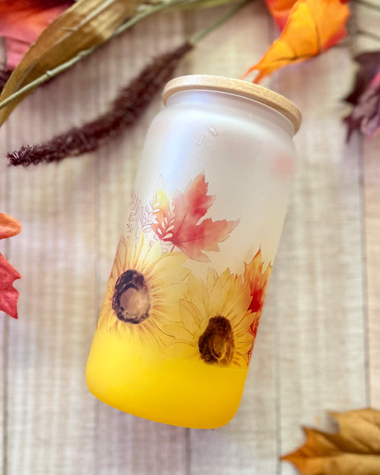 Sunflower Fall Scene - 16oz Ombre Frosted Glass Can with Bamboo Lid - 16oz Glass Can with Lid -  Rustic Cuts