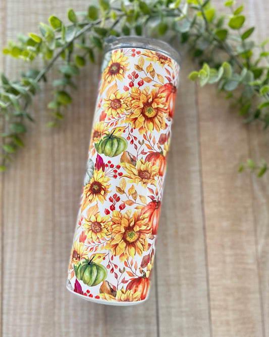 Fall Sunflower Pumpkin Patch - 20oz Slim Tumbler - Stainless Steel Tumbler -  Rustic Cuts