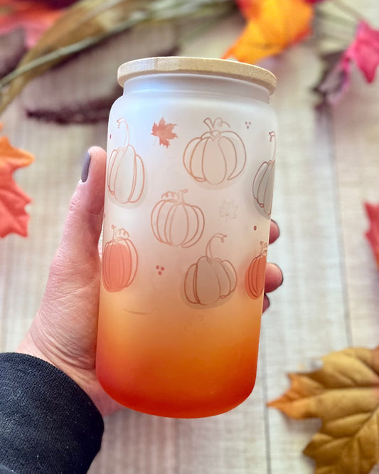 Whimsical Pumpkins - 16oz Ombre Frosted Glass Can with Bamboo Lid - 16oz Glass Can with Lid -  Rustic Cuts