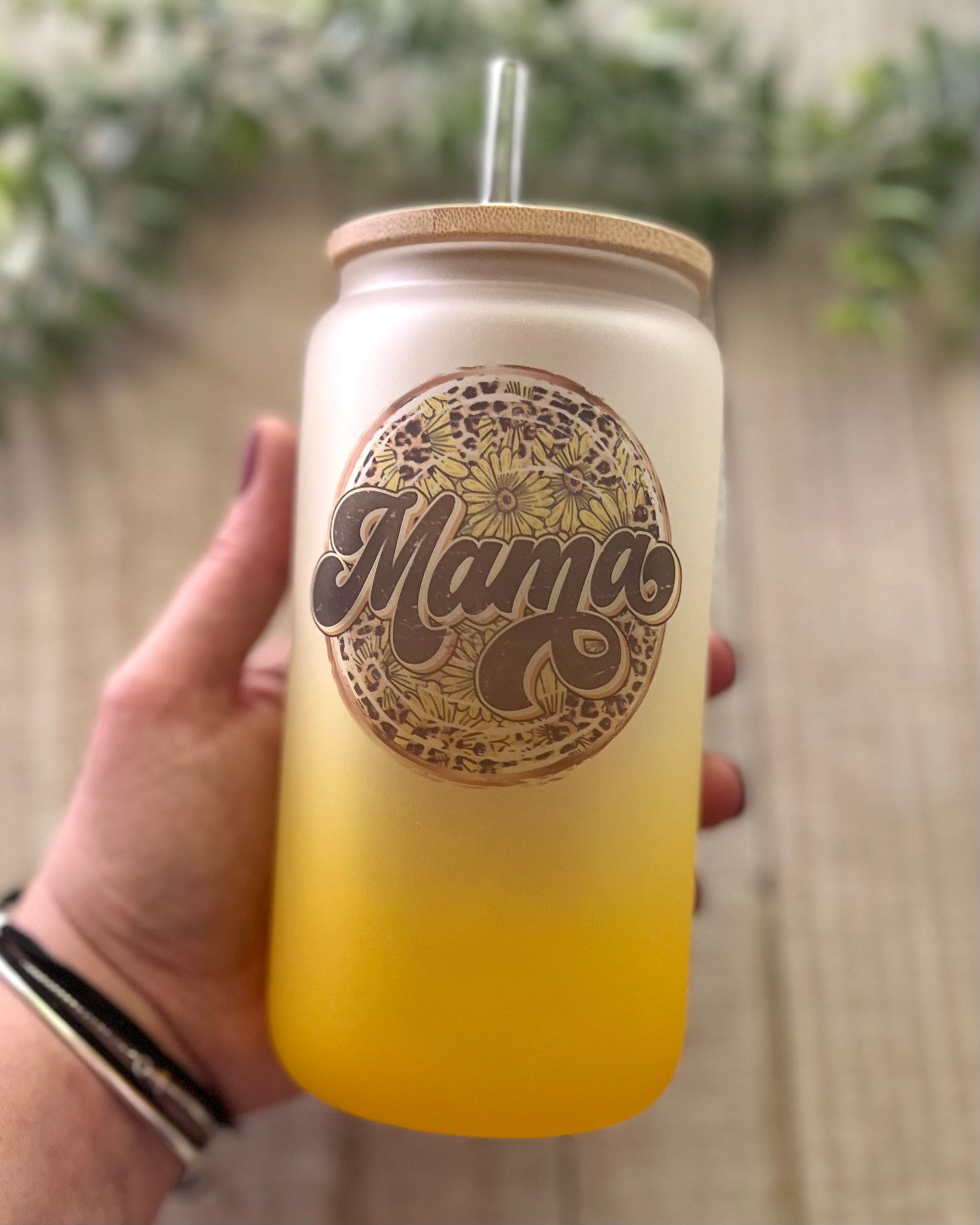 Mama Sunflower - 16oz Frosted Glass Can with Bamboo Lid - 16oz Glass Can with Lid -  Rustic Cuts