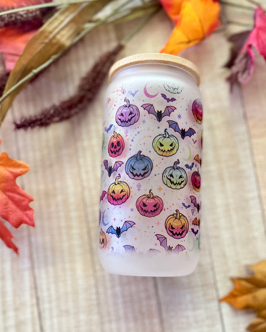Spooky Pumpkins - 16oz Frosted Glass Can with Bamboo Lid - 16oz Glass Can with Lid -  Rustic Cuts