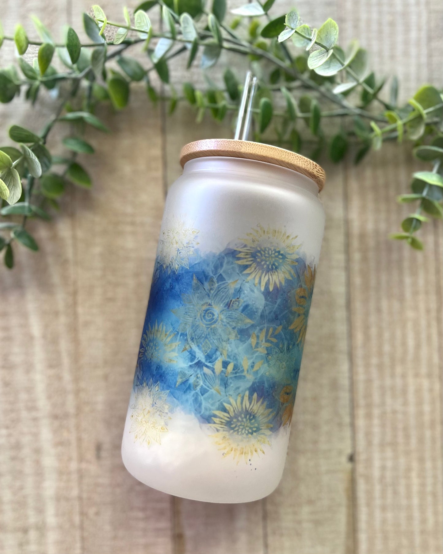 Gold Foil Sunflower - 16oz Frosted Glass Can with Bamboo Lid - 16oz Glass Can with Lid -  Rustic Cuts