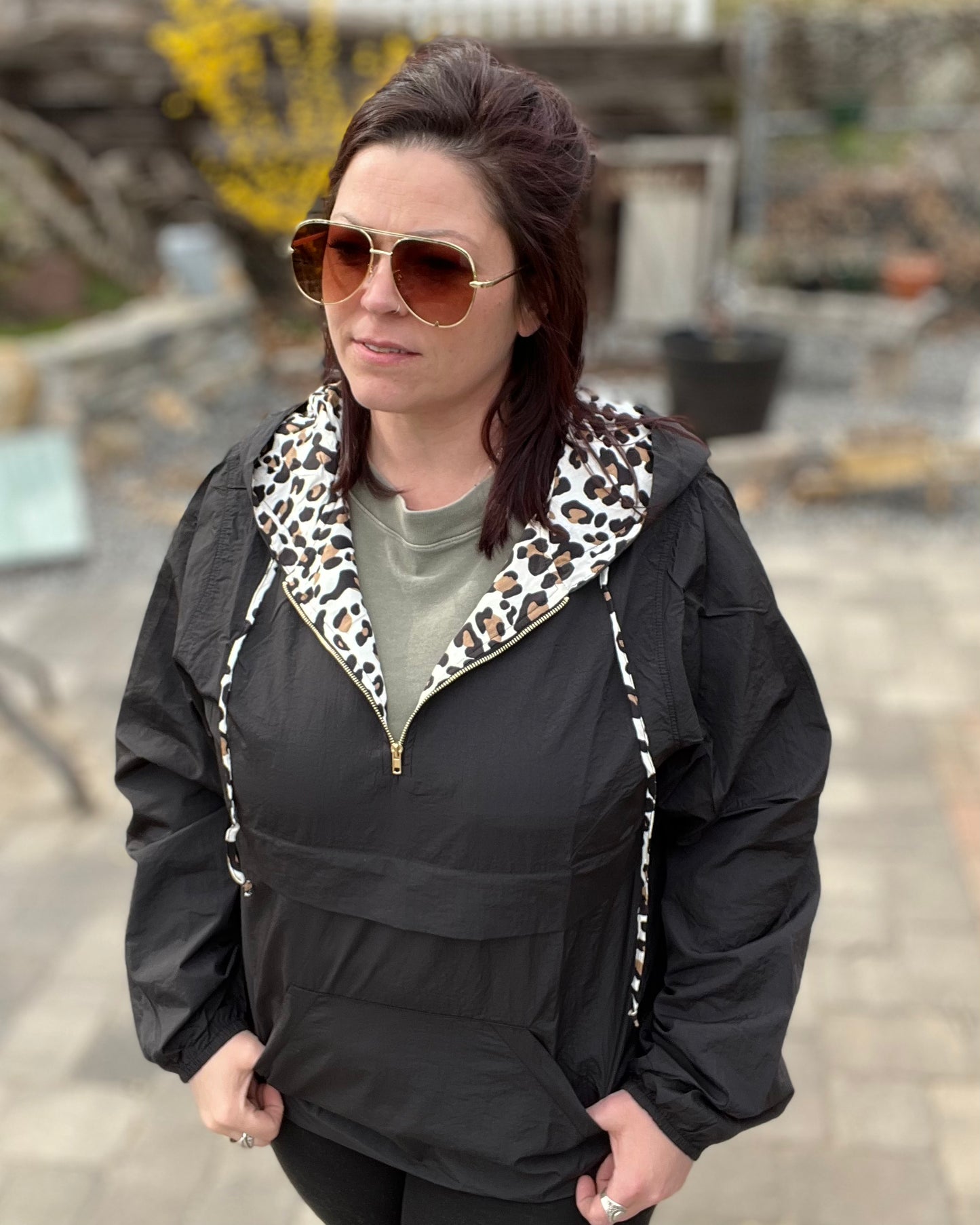 1/4 Zip Black Windbreaker - Leopard Print Accent - Women's Jacket - Rustic Cuts