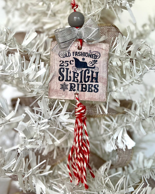 old fashioned sleigh rides | square tasseled christmas ornament