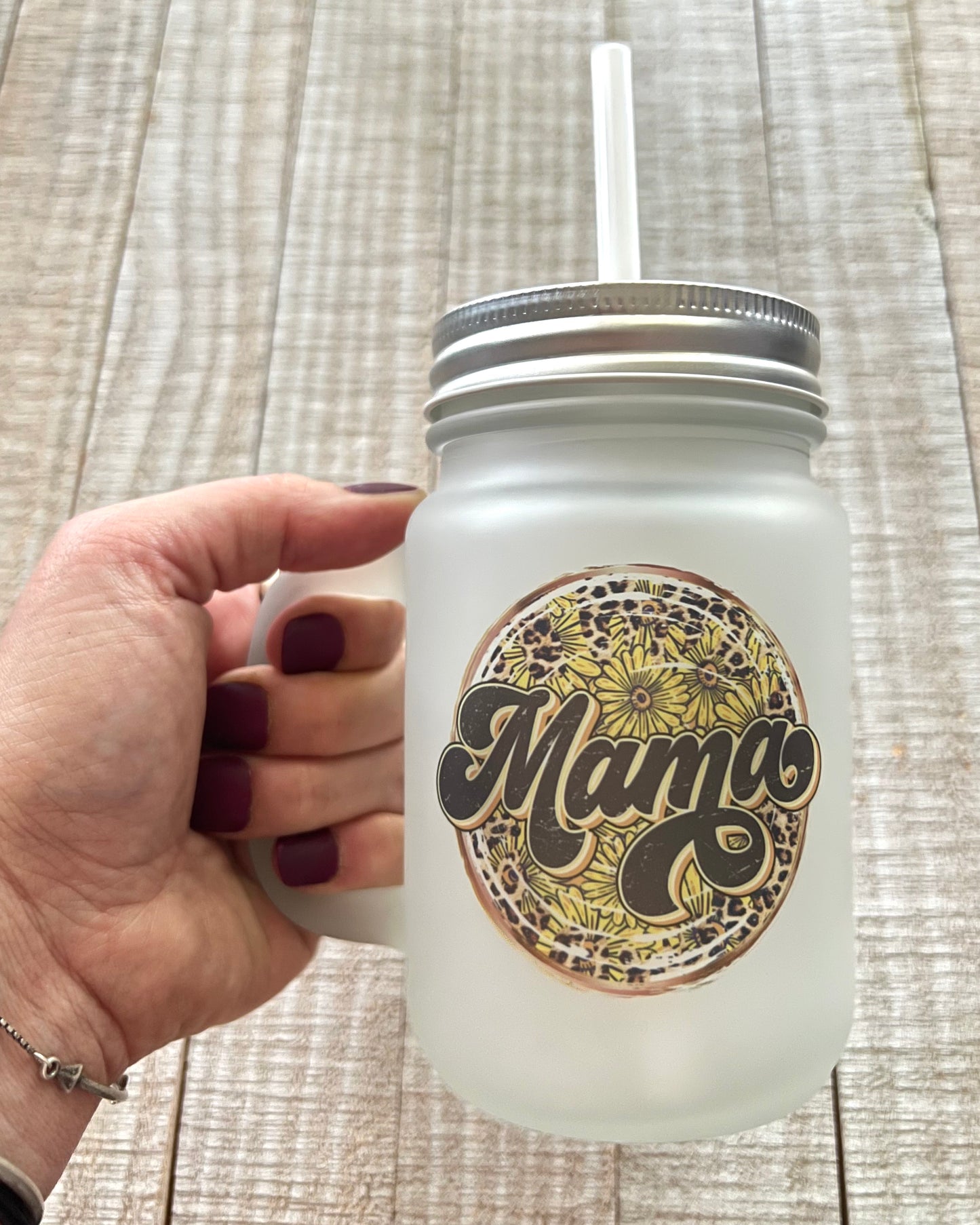 Mama Sunflower - 15oz Frosted Mason Jar - 15oz Frosted Mason Jar - Rustic Cuts