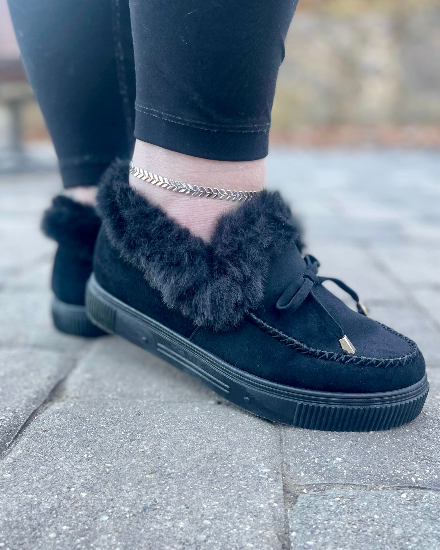 Fur Lined Slip on Shoes Black Rustic Cuts