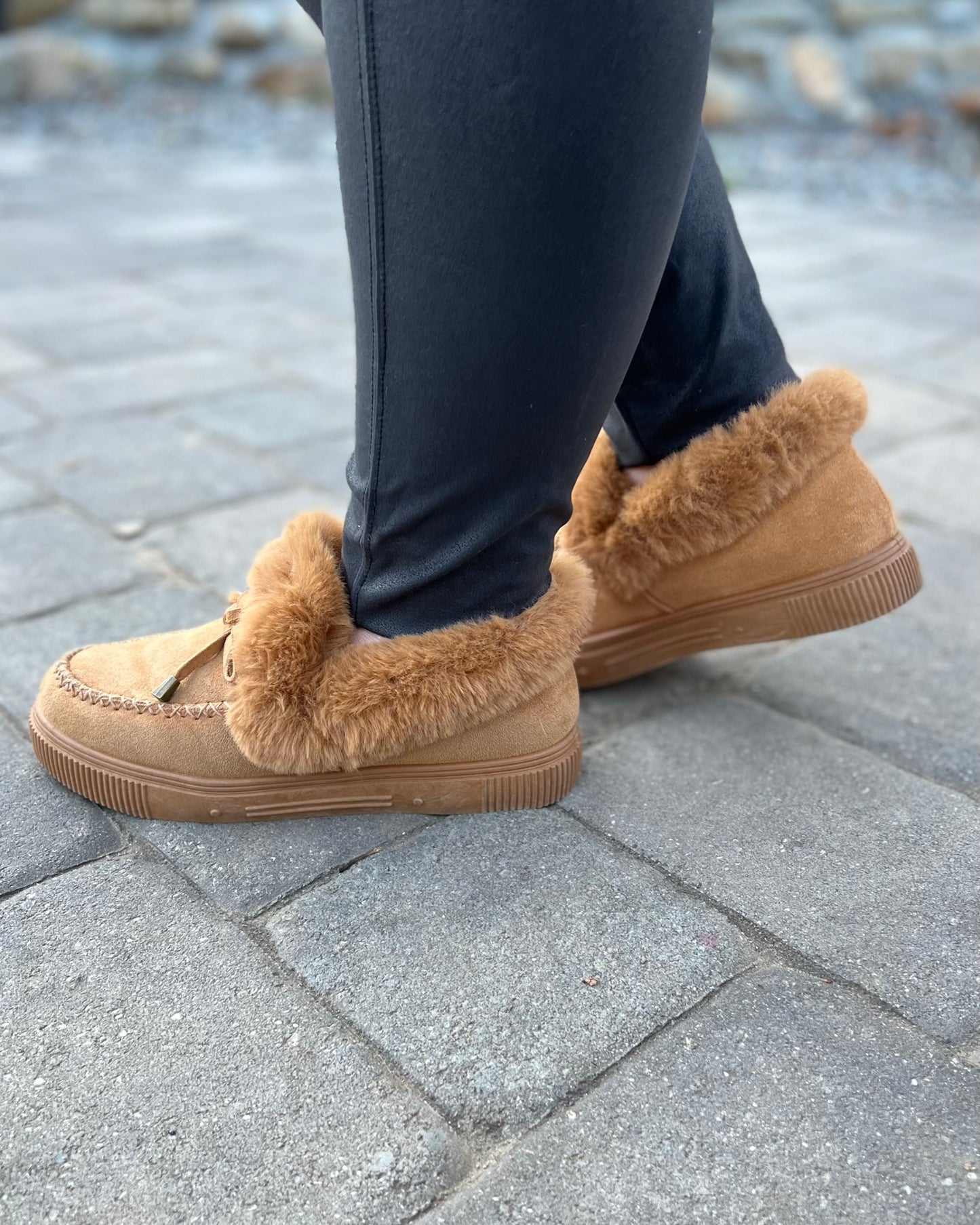 fur lined slip on shoes | tan