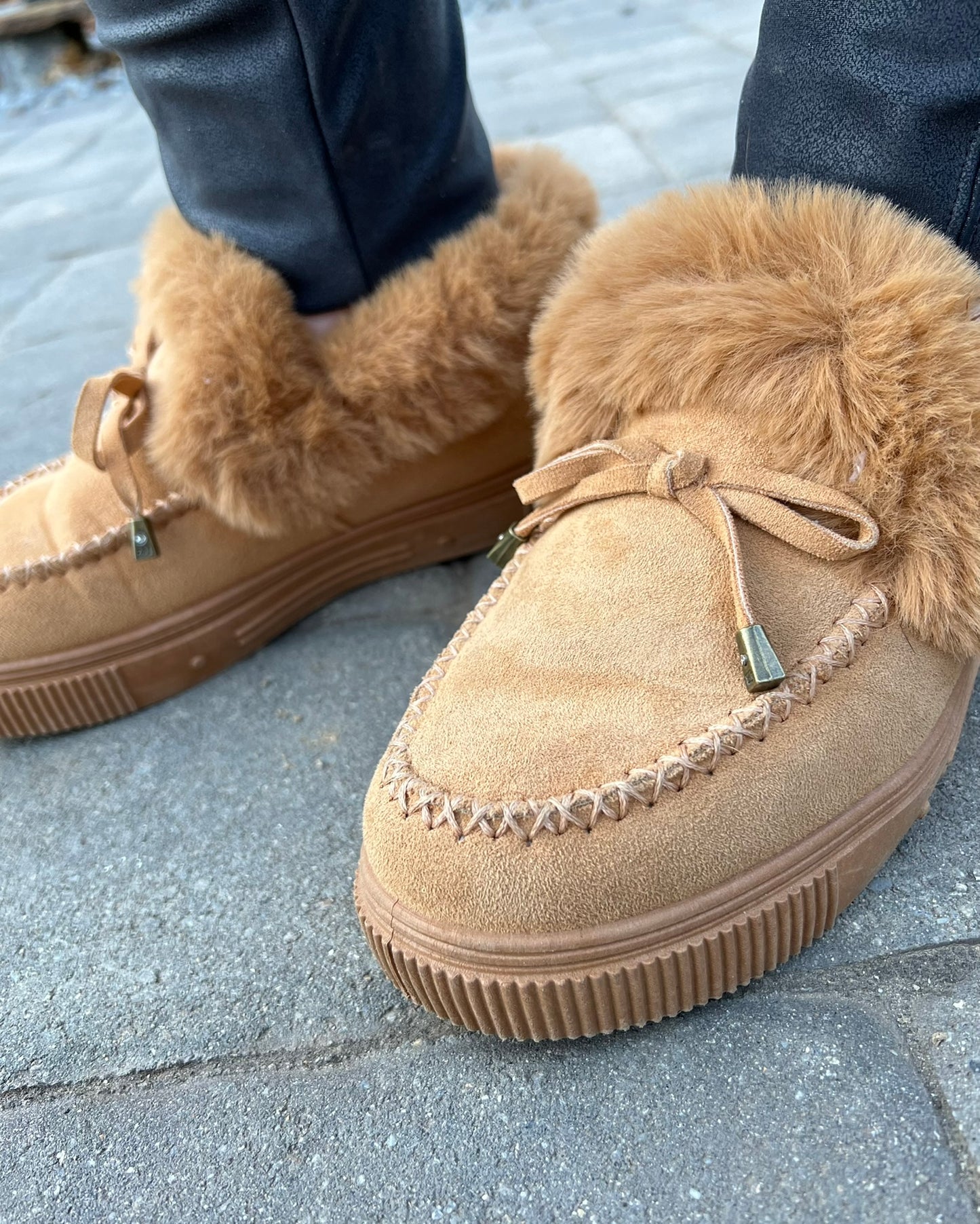 fur lined slip on shoes | tan
