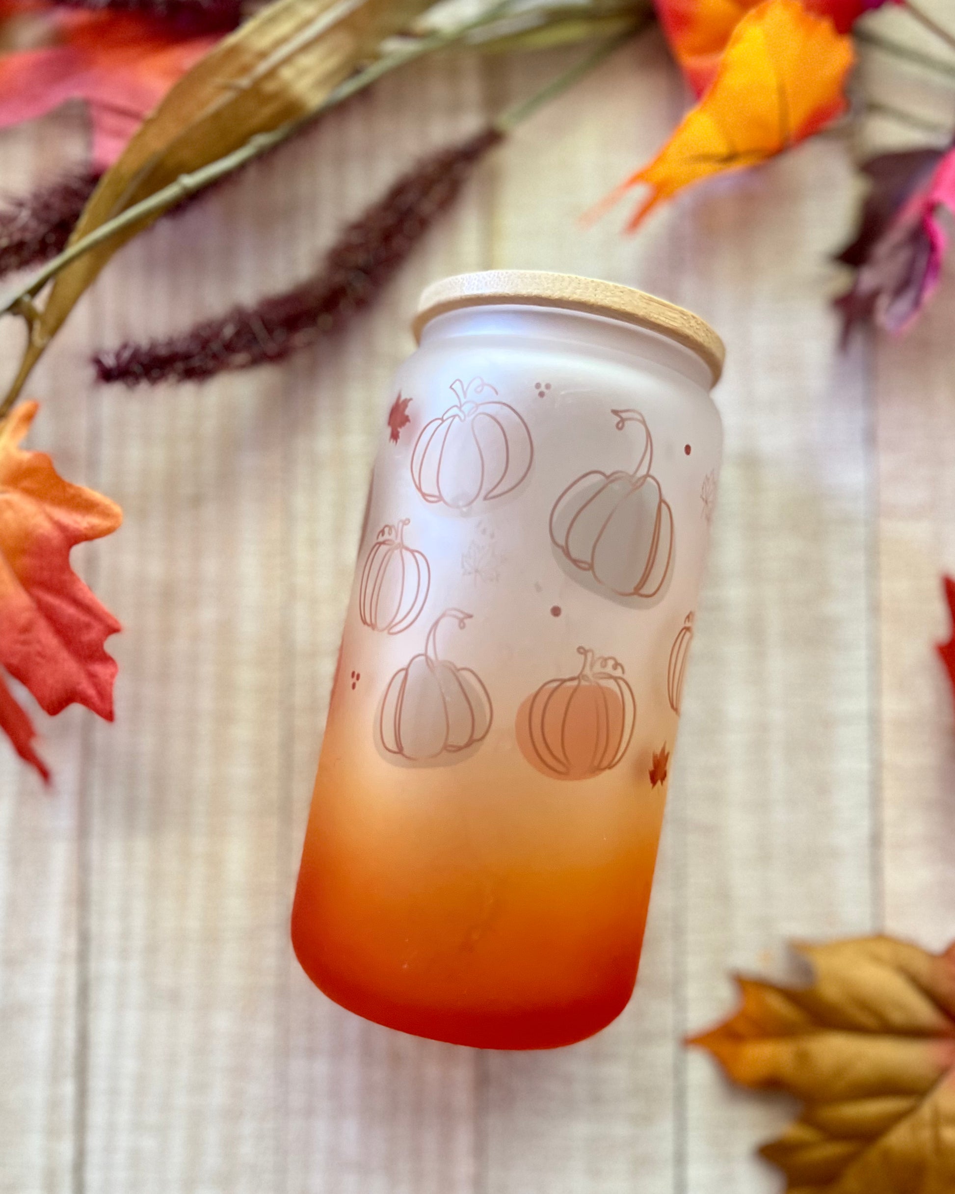 Whimsical Pumpkins - 16oz Ombre Frosted Glass Can with Bamboo Lid - 16oz Glass Can with Lid -  Rustic Cuts