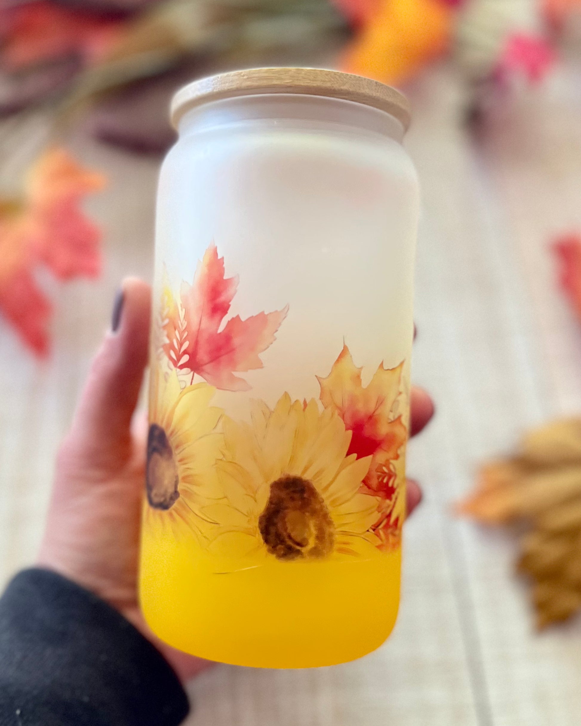 Sunflower Fall Scene - 16oz Ombre Frosted Glass Can with Bamboo Lid - 16oz Glass Can with Lid -  Rustic Cuts