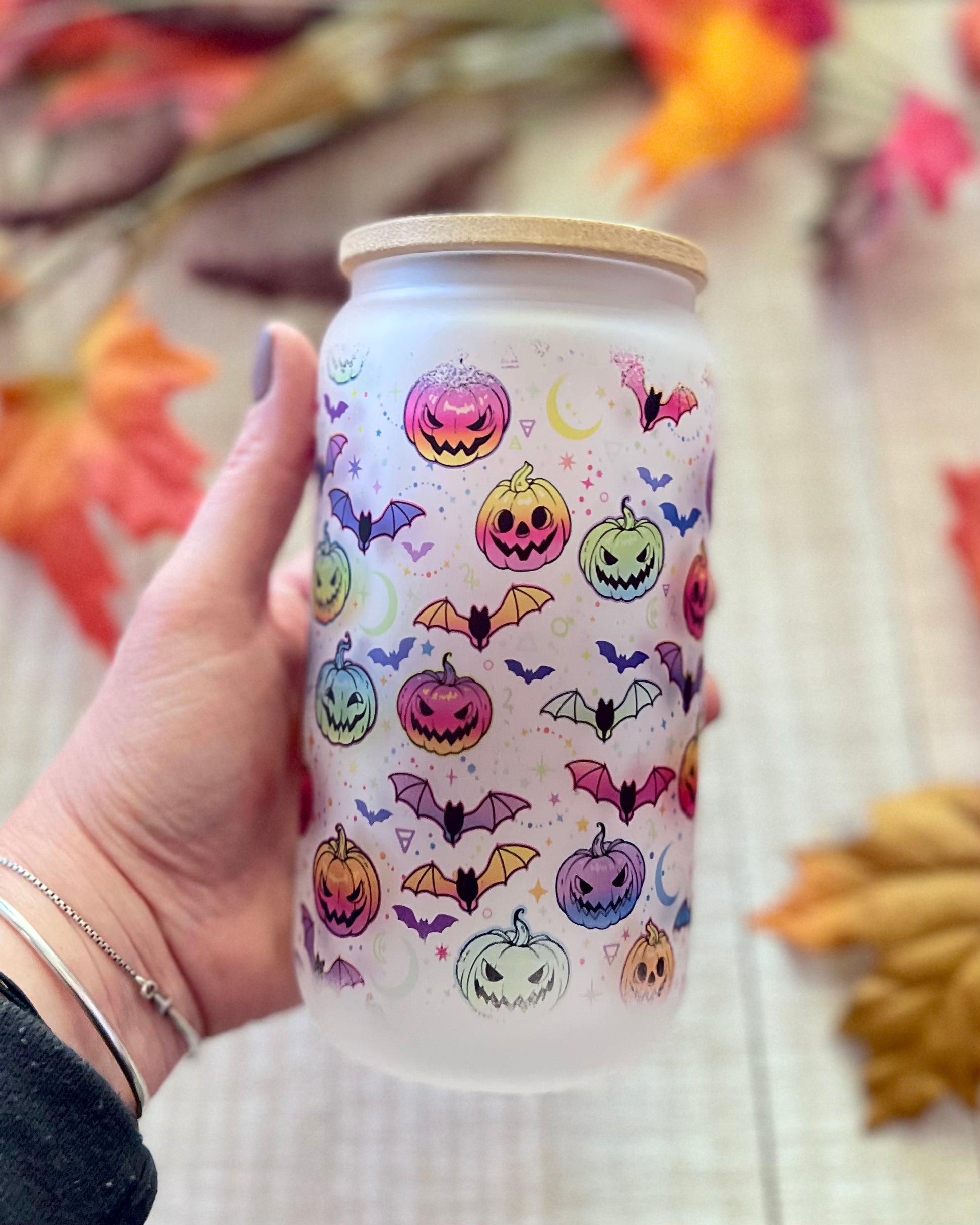 Spooky Pumpkins - 16oz Frosted Glass Can with Bamboo Lid - 16oz Glass Can with Lid -  Rustic Cuts