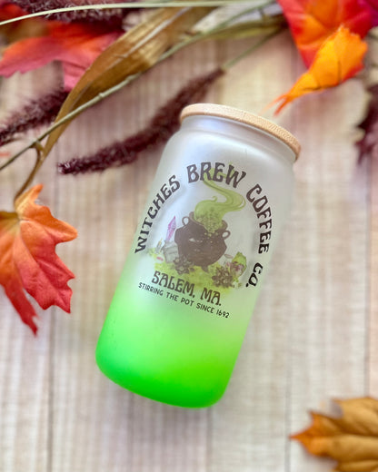 Witches Brew Coffee Co. - 16oz Ombre Frosted Glass Can with Bamboo Lid - 16oz Glass Can with Lid -  Rustic Cuts