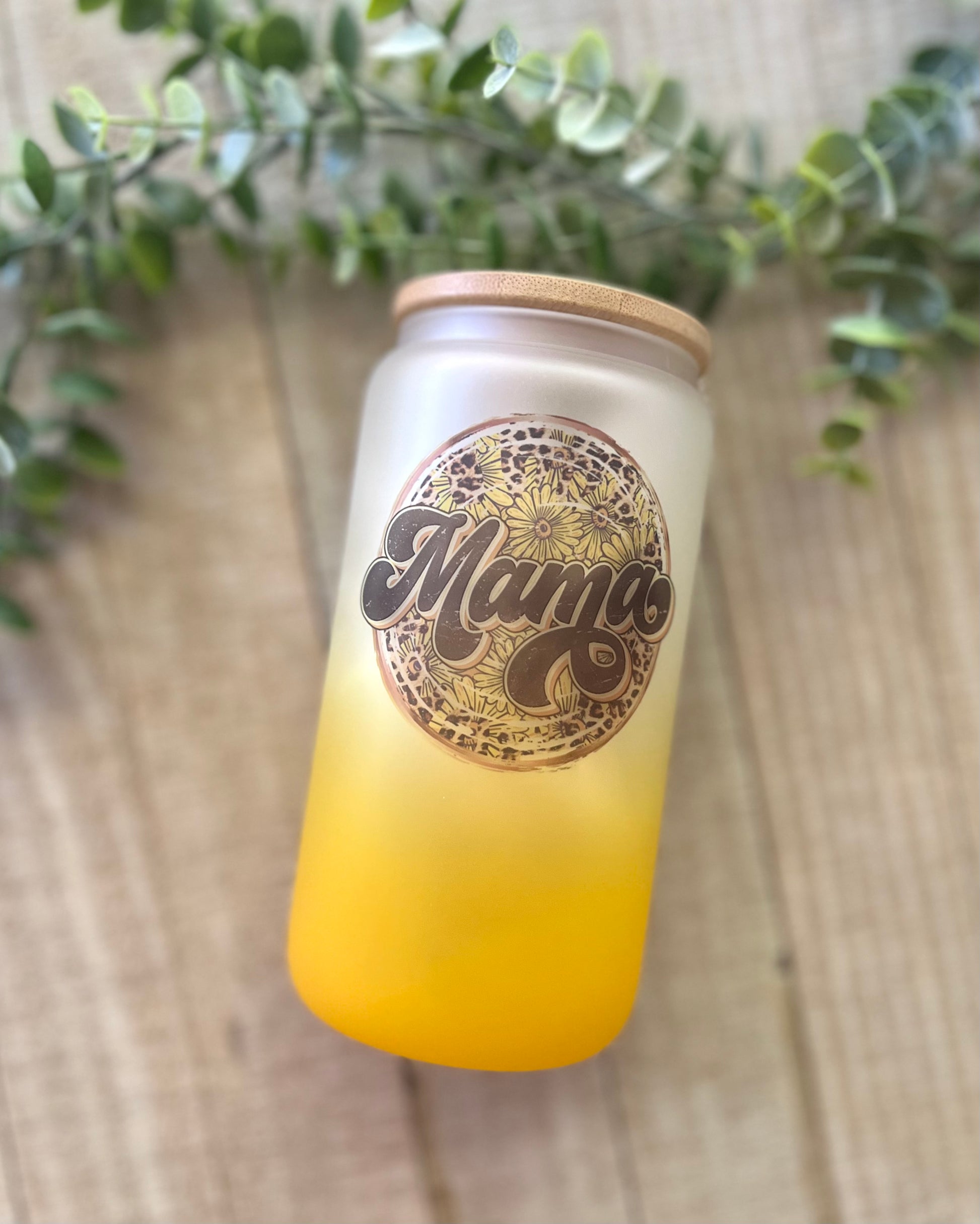 Mama Sunflower - 16oz Frosted Glass Can with Bamboo Lid - 16oz Glass Can with Lid -  Rustic Cuts