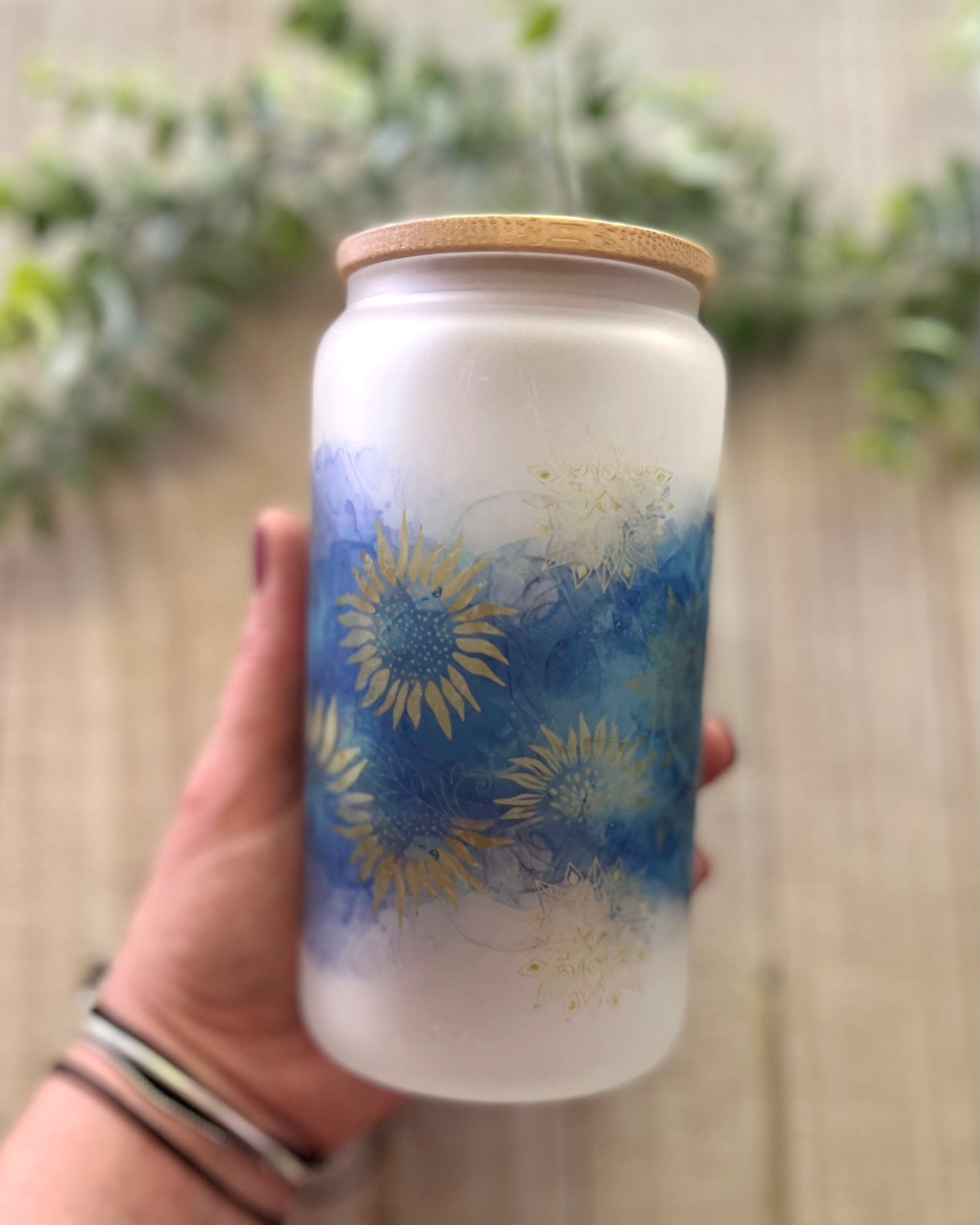 Gold Foil Sunflower - 16oz Frosted Glass Can with Bamboo Lid - 16oz Glass Can with Lid -  Rustic Cuts