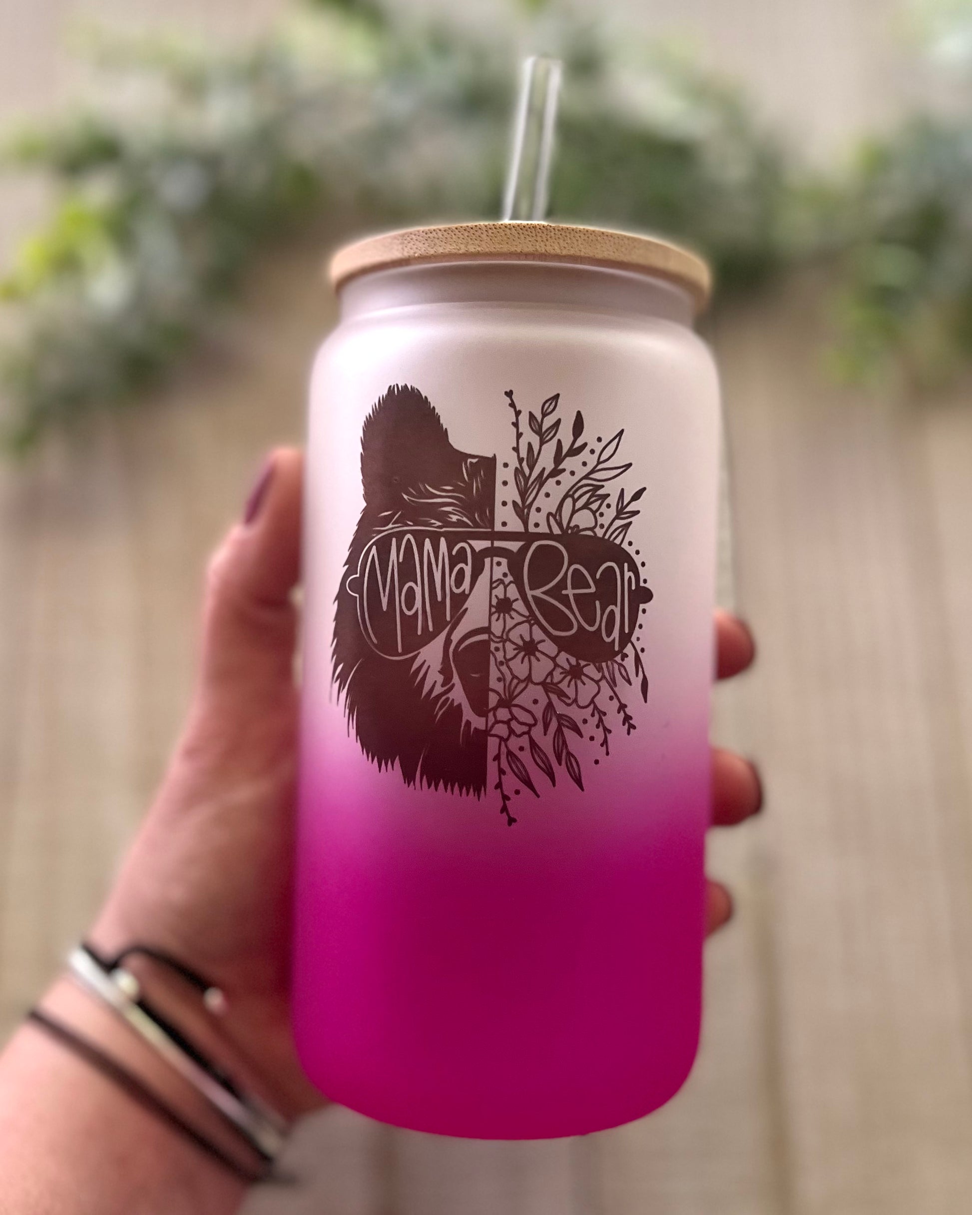 Mama Bear Floral - 16oz Frosted Glass Can with Bamboo Lid - 16oz Glass Can with Lid -  Rustic Cuts