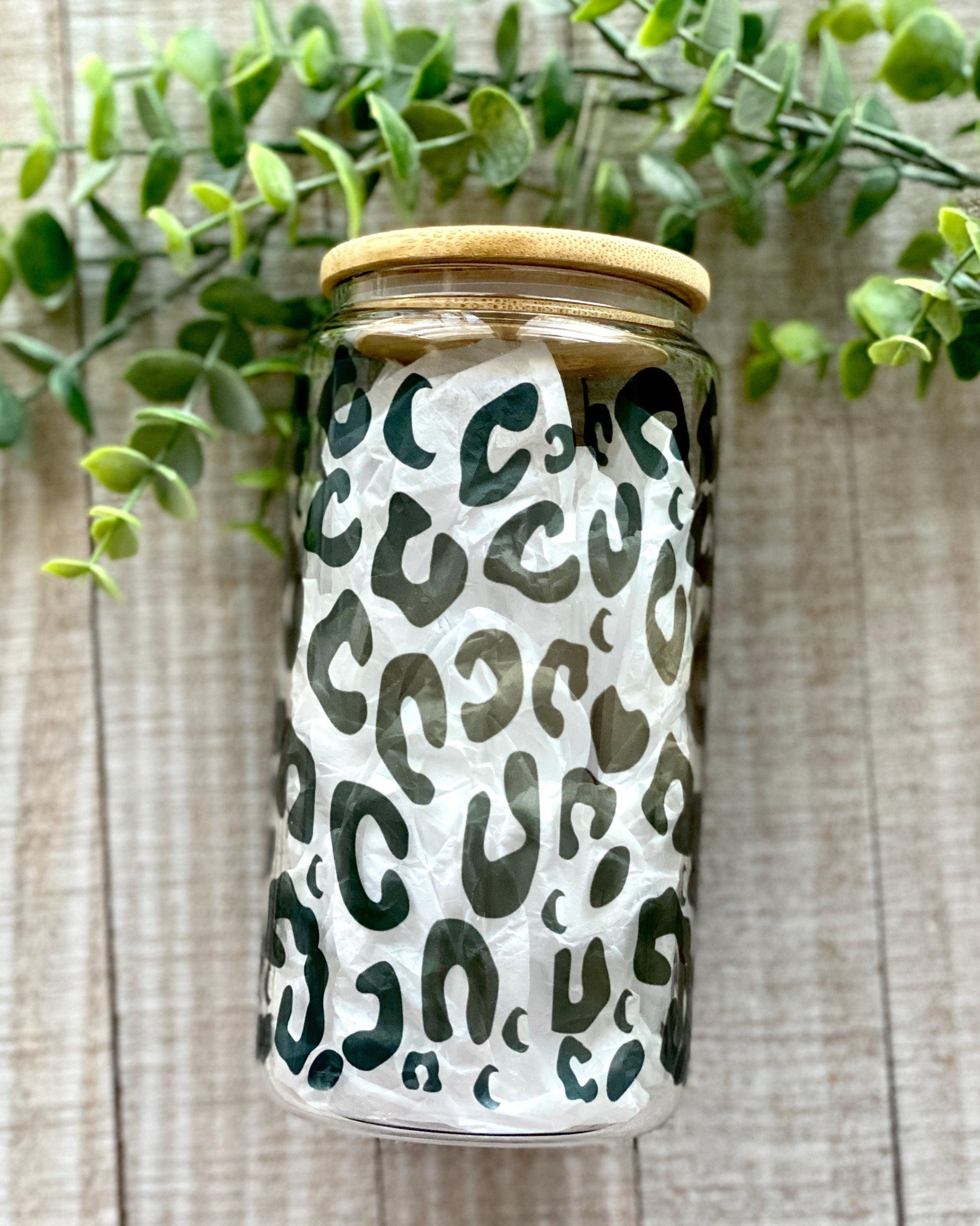 Black Leopard Print - 16oz Glass Can with Bamboo Lid - 16oz Glass Can with Lid -  Rustic Cuts